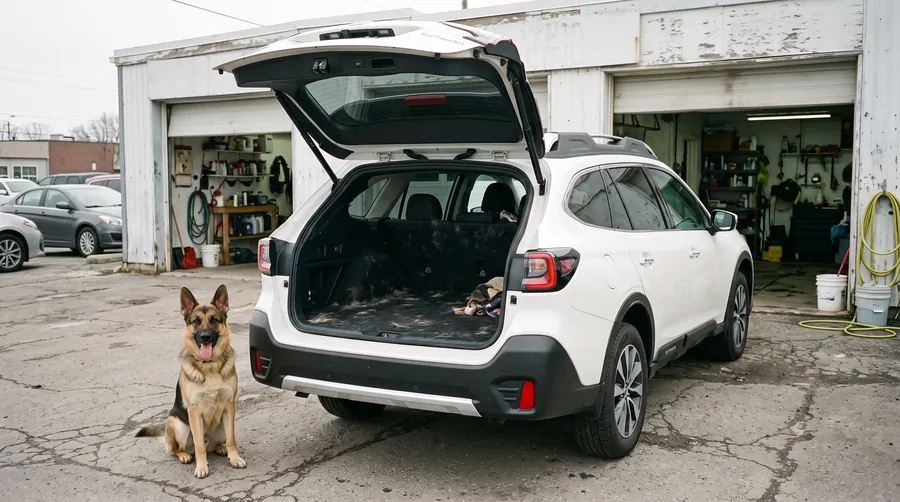 German shepherd beside a Subaru Outback with dog hair in the cargo area