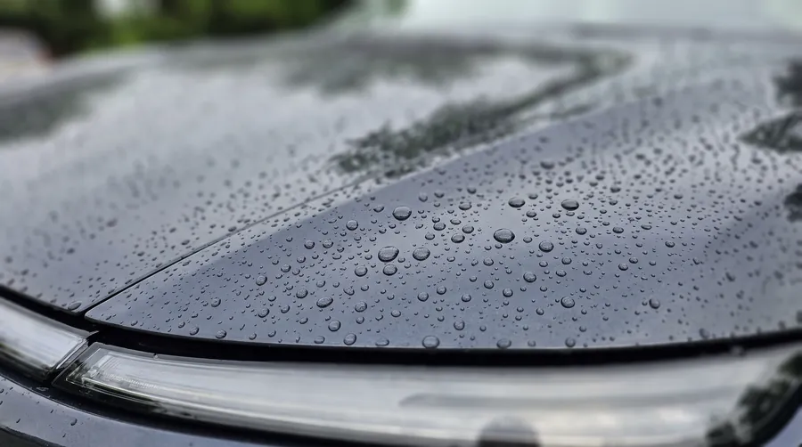 Water beading on a ceramic coated Tesla hood
