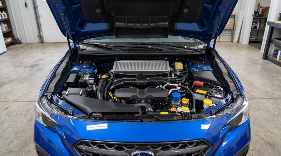 Clean, dressed engine bay of a blue Subaru WRX